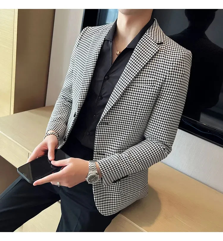 2025 Spring Men's Plaid Suit Jacket Korean Luxury Business Slim Fit Social Suit Jacket Formal Social Party Wedding Prom Tuxedo