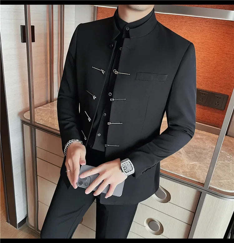 Chinese Style Stand Up Collar Suit Jacket for Men High Quality Mens Slim Fit Casual Social Wedding Dress Coat Men's Clothing