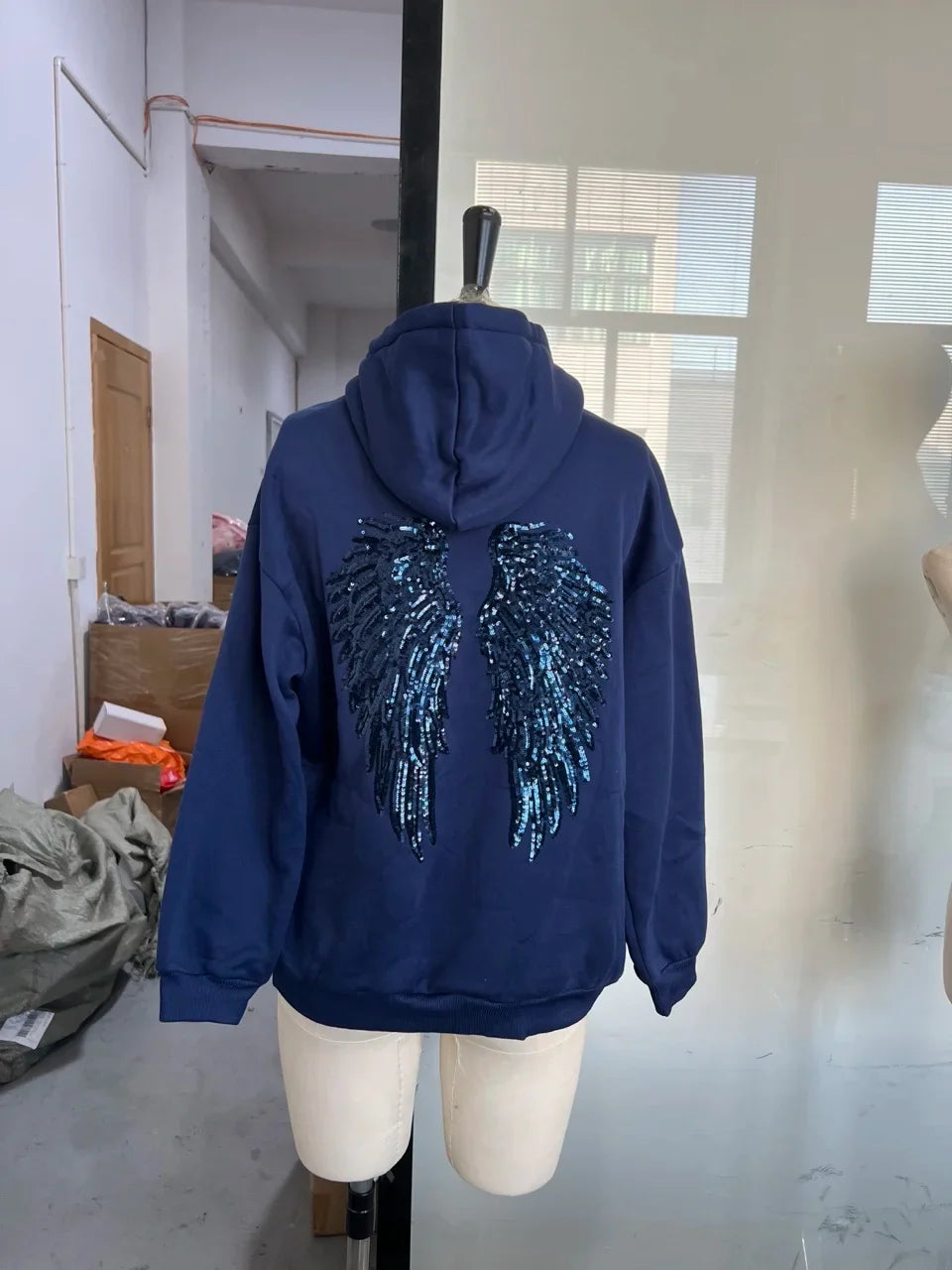 Female Sequined Wing Print Pattern Hoodie Autumn Fashion Classical Hooded Sweatshirt 2025 Loose Elegant Versatile Warm Pullover