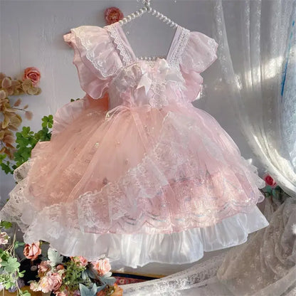 Sweet Baby Girls Summer New Pink Lolita Princess Dress Kids Tulle Ruffle Trim Feifei Sleeve Bow Birthday Performance Ball Gown