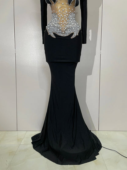 Luxury Sparkly Diamonds Pearl White See Through Mesh Long Dress Women Wedding Evening Party Stage Performance Photoshoot Dress