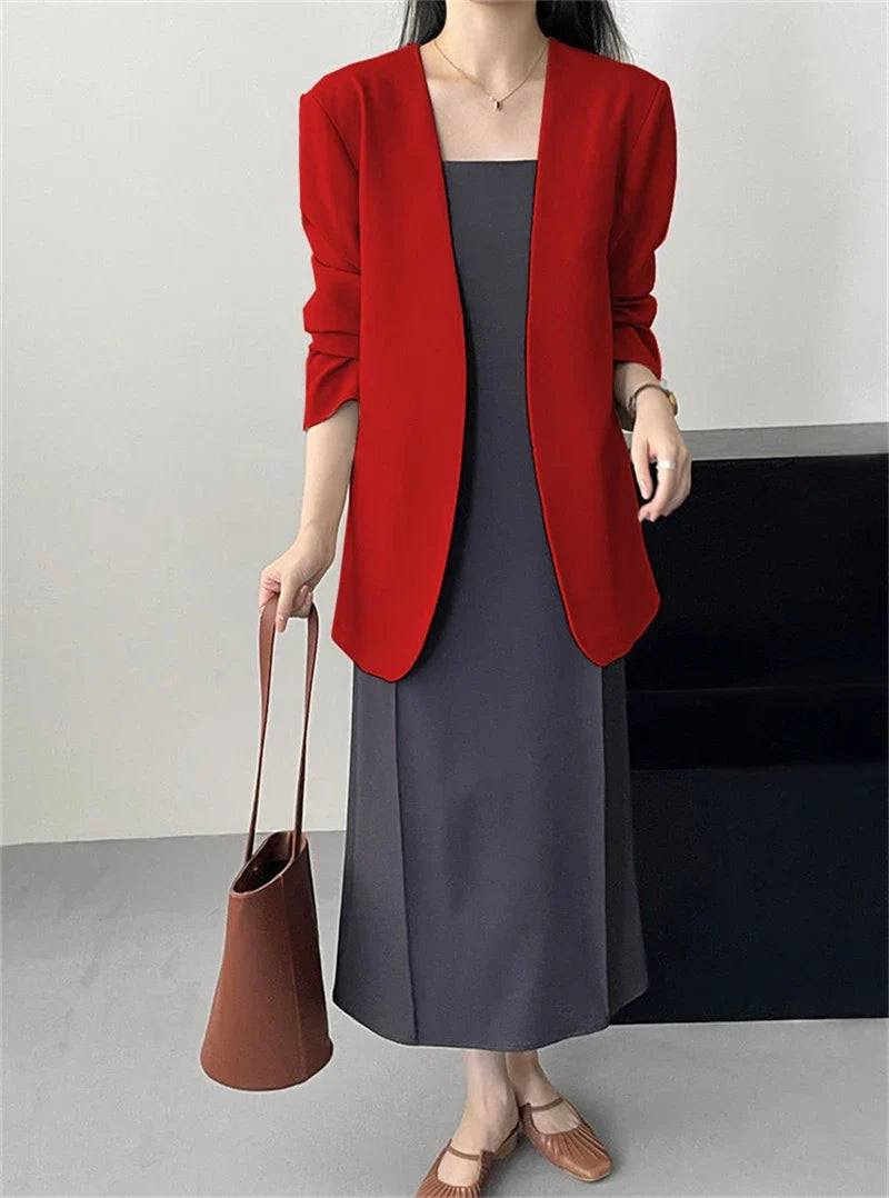 Fashion New Solid Casual Joker Women's Blazer Spring Autumn No Placket Cardigan Suit Jackets V-neck Long Sleeve 19-Color Coats