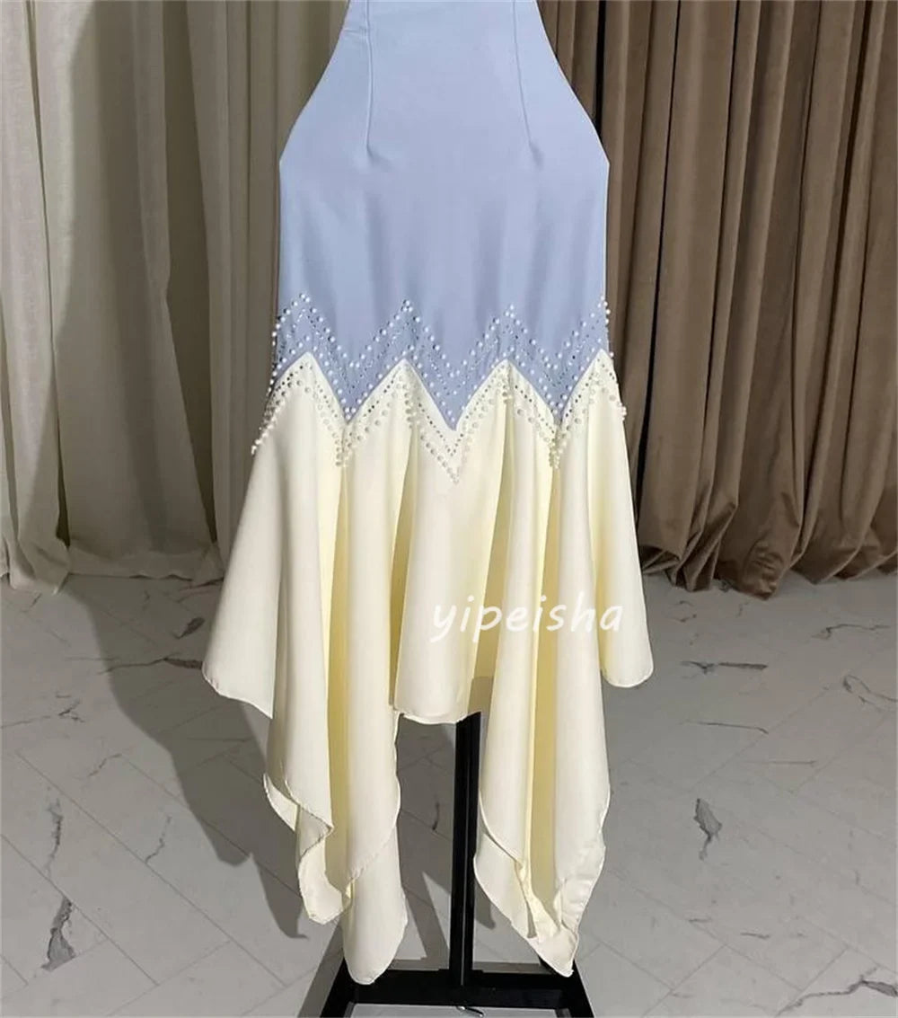 Customized Sparkle Intricate Jersey Sequined Pearl Pleat Ruched Mermaid Scoop Neck Midi Dresses Bespoke Occasion Dresses Retro