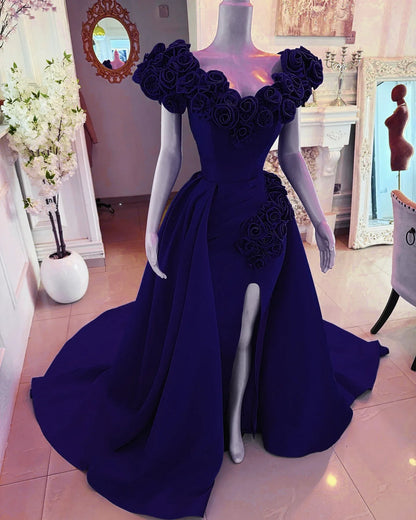 RFYR Off Shoulder Evening Dress A-Line Prom Dress 3D Flowers Embroidery Satin High Slit Celebrity Gala Dresses Customized