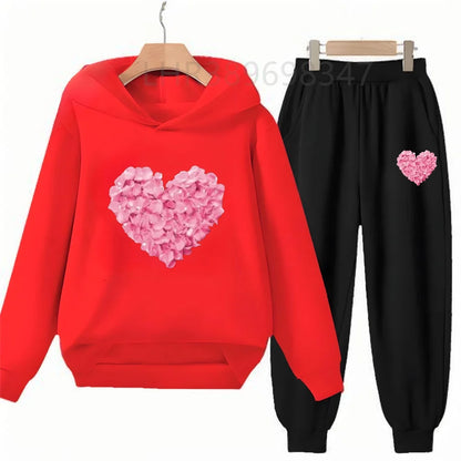 Heart-Shaped Children's Hoodies Suit Top+Bottom Girls Pink Boy Black Age 3-12 Coat Casual Toddler Long Sleeves Autumn Clothing