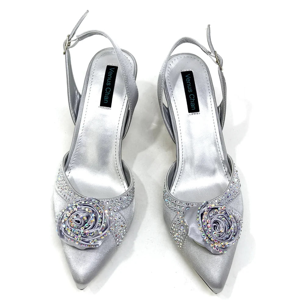 Sparkling Rhinestone Rose Pumps With Medium Heel for Nigerian Women's Party, Pointed Toe Shoes and Matching Bags