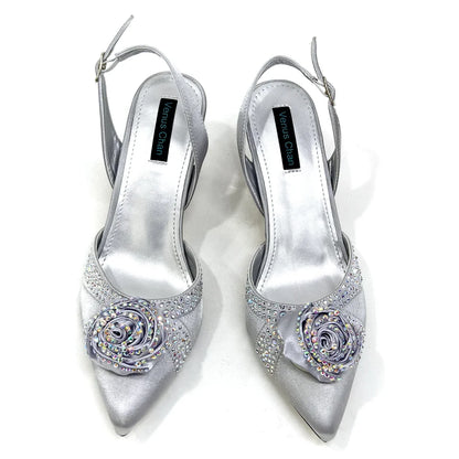 Sparkling Rhinestone Rose Pumps With Medium Heel for Nigerian Women's Party, Pointed Toe Shoes and Matching Bags