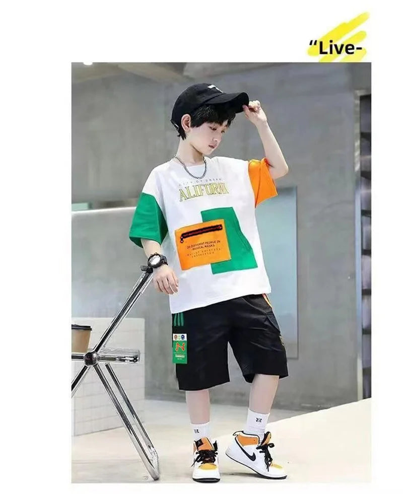 Summer Boys Clothes Sets Teenager Casual Outfits Kids Print T-shirt +Shorts 2Pcs Children Short Sleeve Tracksuit Suits 5-12 Year