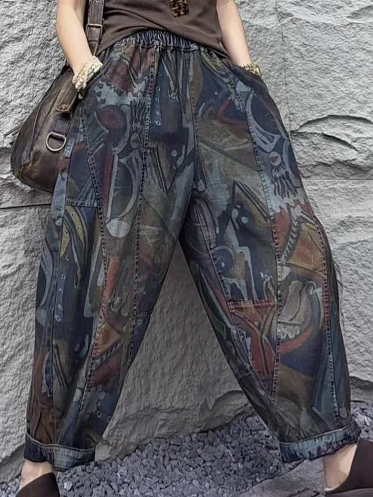 Fashion Loose Printed Vintage Womens Spring Denim Pants Patchwork Jeans Ladies Classic Casual Punk Wide Leg Trousers