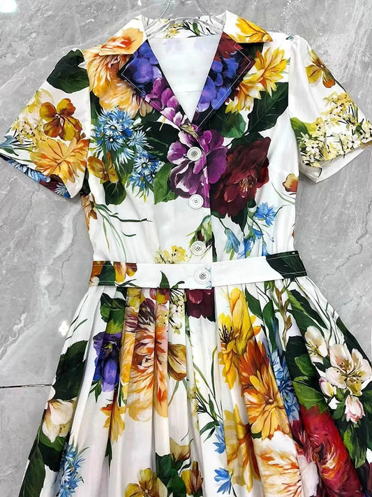 Casual Holiday Style Women Dress Square-Neck Spaghetti Strap Backless Floral-Print Cotton Pleated Dresses