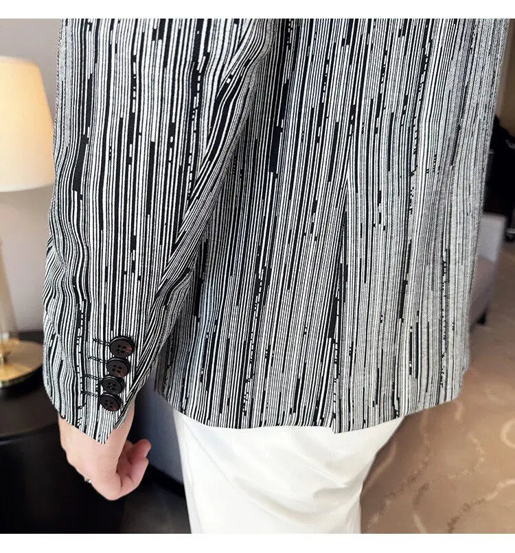 Fashion Meteor Line Checkered Elegant Suit Jacket Men Fashion De Luxe Business Slim Fit Single Breasted Social Party Dress Coats