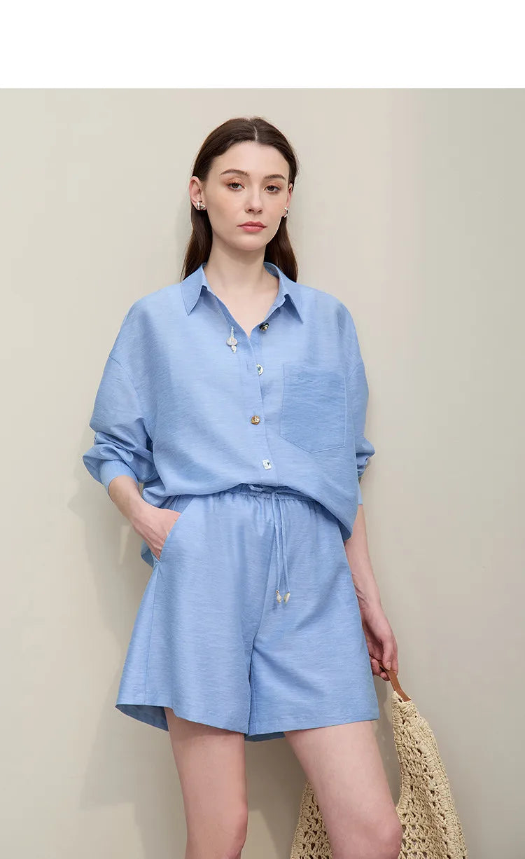 Women's Casual Shirts 2026 Summer New Holiday Style Separate Shorts Long Sleeve Top Single Loose Solid Shorts 12652027