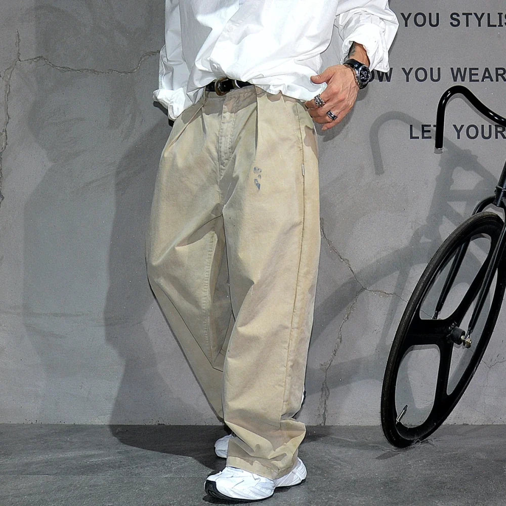 ‌Japanese Premium Vintage Distressed Paint Splash Cargo Pants Men Streetwear Loose Casual Straight Leg Haram Trousers Trendy