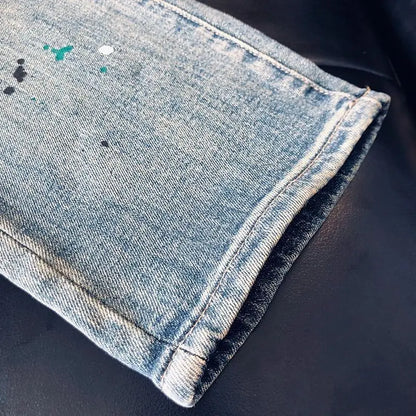 High-quality Blue Jeans Men's 2025 Spring and Summer European Wear Cargo Brand Letter Printing Ink Splashing Straight-leg Pants