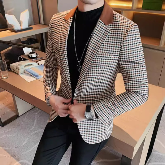 Men's High-Quality Fashion Suit Jacket Handsome Business Casual All-In-One Single-Breasted Checkered Design