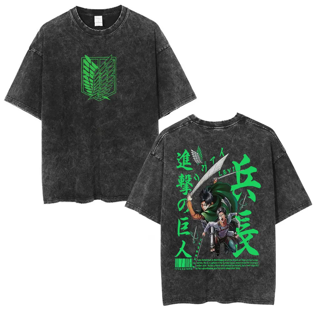 Anime Attack on Titan Washed T-Shirt Ackerman Mikasa Eren Jaeger Cherry Blossom Graphics Logo T Shirt Men Women Cotton T Shirts