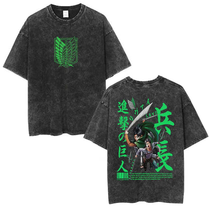 Anime Attack on Titan Washed T-Shirt Ackerman Mikasa Eren Jaeger Cherry Blossom Graphics Logo T Shirt Men Women Cotton T Shirts