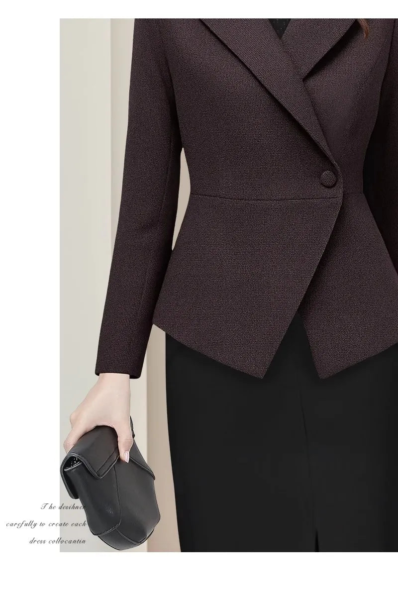 Elegant Lapel Collar Women' Brown Herringbone Tweed Topcoat Slim Short Style Work Office Blazer