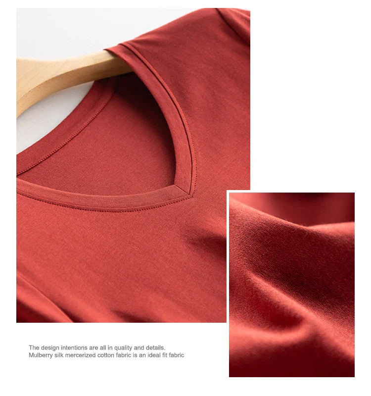 6% Real Silk Cotton Modal Women's T-shirt 2026 Summer Tees Short Sleeve Solid Tee Shirts V-neck Casual Woman Basic T shirt Tops