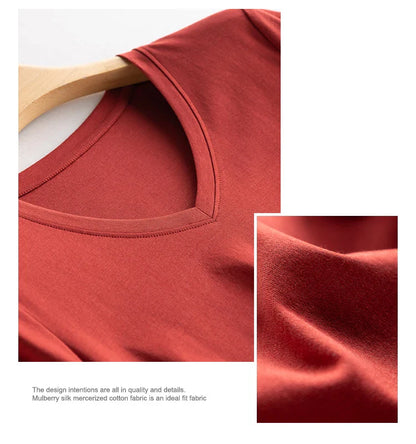 6% Real Silk Cotton Modal Women's T-shirt 2026 Summer Tees Short Sleeve Solid Tee Shirts V-neck Casual Woman Basic T shirt Tops