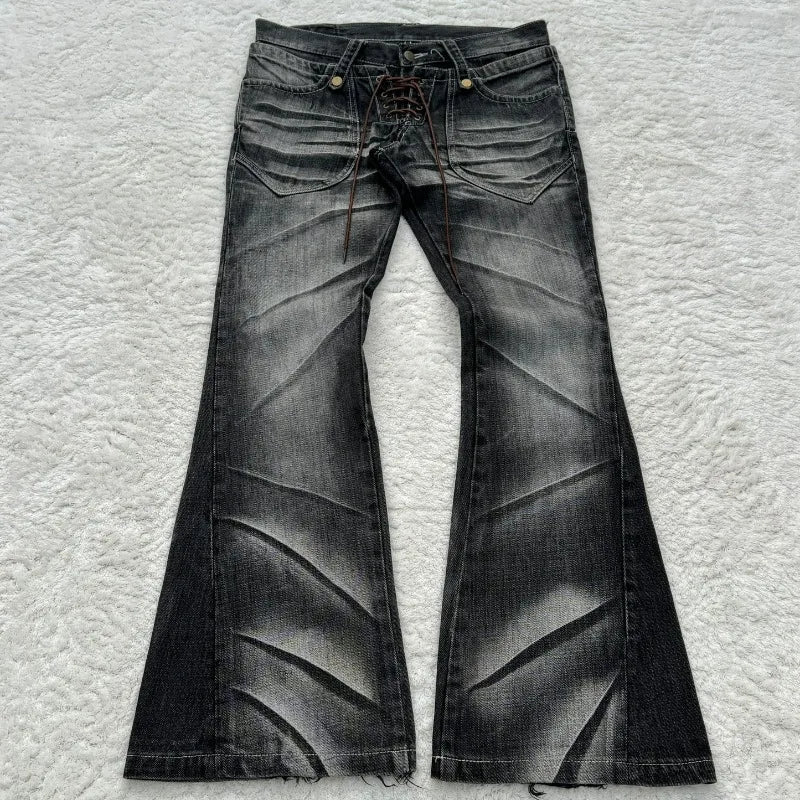 Y2K Distressed Flare Jeans Gothic Men Double Waist Lace Up Denim Pants Retro Washed Scratches Streetwear Unisex Bootcut Jeans