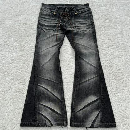 Y2K Distressed Flare Jeans Gothic Men Double Waist Lace Up Denim Pants Retro Washed Scratches Streetwear Unisex Bootcut Jeans