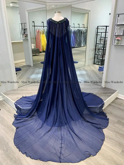 Navy Blue Evening Dress Velvet Sweetheart Mermaid Prom Party Gown Luxury Beaded With Cloak Formal Banquet Celebrity Dress 2024