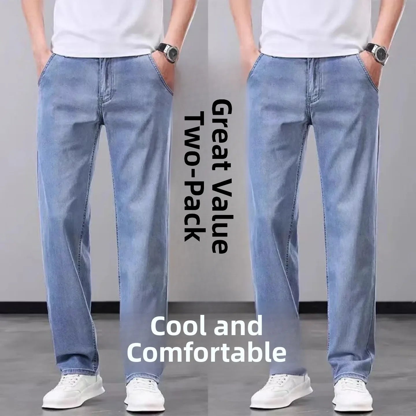 Summer Thin Straight Loose Wide Leg Pants Men's Silk Smooth Denim Jeans Casual Long Trousers Business Gentleman Style Water W...