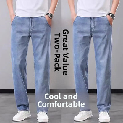 Summer Thin Straight Loose Wide Leg Pants Men's Silk Smooth Denim Jeans Casual Long Trousers Business Gentleman Style Water W...