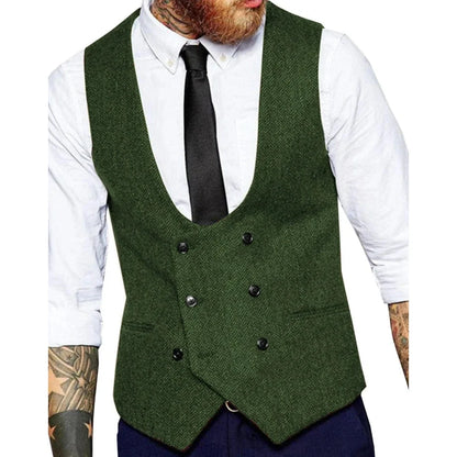 Men Vest Army Green Herringbone Solid Double Button Waistcoat For Wedding Banquet Business Work Casual Daily Men Suit Vest