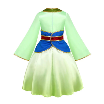 Mulan Cosplay Costume Girl Chinese-style Long-sleeved Hanfu with Hair Accessories Necklace Halloween Girl Hero Costume