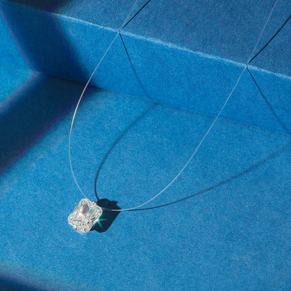 Top Quality 925 Silver Transparent Invisible Fishing Line Chain Shiny 8A Zircon Rectangle Pendant Necklace LZN34