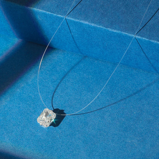 Top Quality 925 Silver Transparent Invisible Fishing Line Chain Shiny 8A Zircon Rectangle Pendant Necklace LZN34