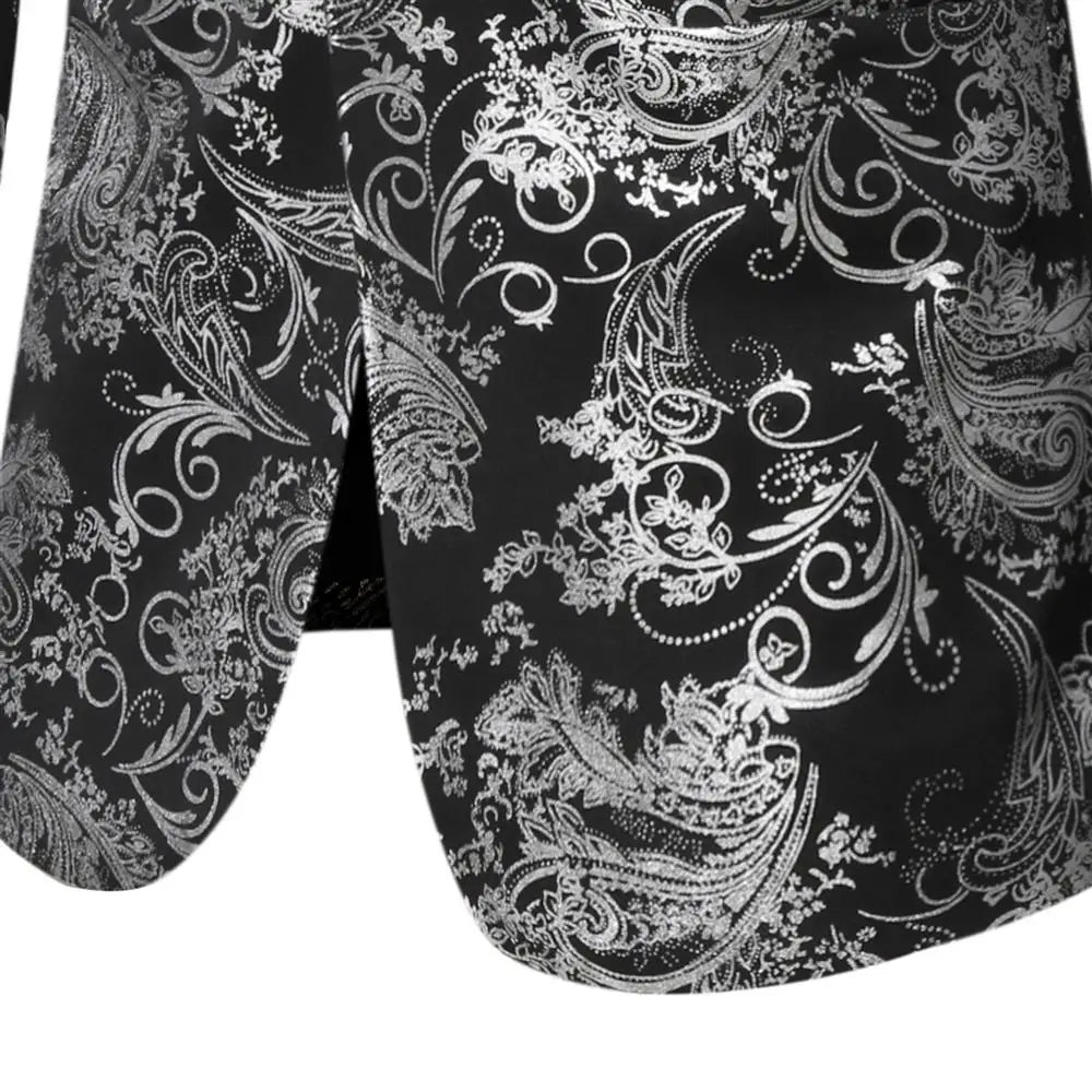 Men's Slim Fit Print Blazer Jacket 2025 Fashion Handsome Business Casual Silver Stage Show Suit Small Menswear