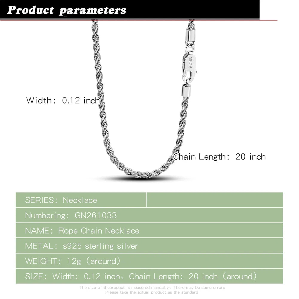 Men 100%925 Sterling Silver 3mm Twist Rope Chain Necklace Women Diamond Cut Clasp Box Chain 16-30 inch Chocker Jewelry Boy Gifts