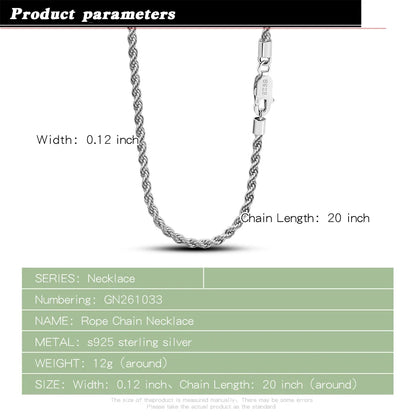 Men 100%925 Sterling Silver 3mm Twist Rope Chain Necklace Women Diamond Cut Clasp Box Chain 16-30 inch Chocker Jewelry Boy Gifts