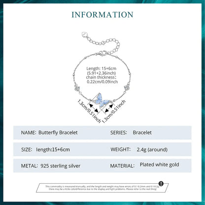 925 Sterling Silver Butterfly Charm Bracelet Lightweight CZ Beads Link Chain for Women Teens Gift Natural Wrist Decor