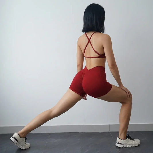 Women's Seamless Quick Dry Fitness Set Sports Bra And Hip Lifting V-Waist Yoga Shorts Pilates Training Clothing Gym Set