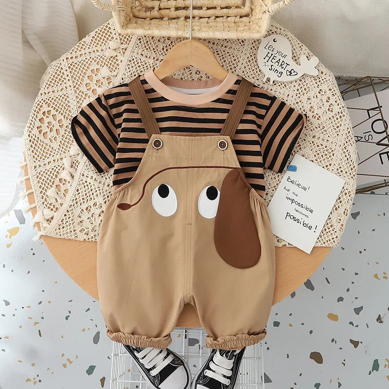 New Kids Baby Boys Girls Clothes For Summer Children Cartoon Striped T-Shirt Bib Pants 2Pcs/Set Toddler Fashion Tracksuits
