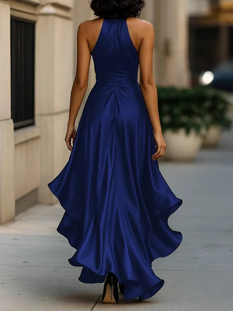 Freeacy Women's Deep V-neck Ruffled Evening Gowns Solid Color Lace-up High Waist Satin Party Dresses Wedding Guests Dress