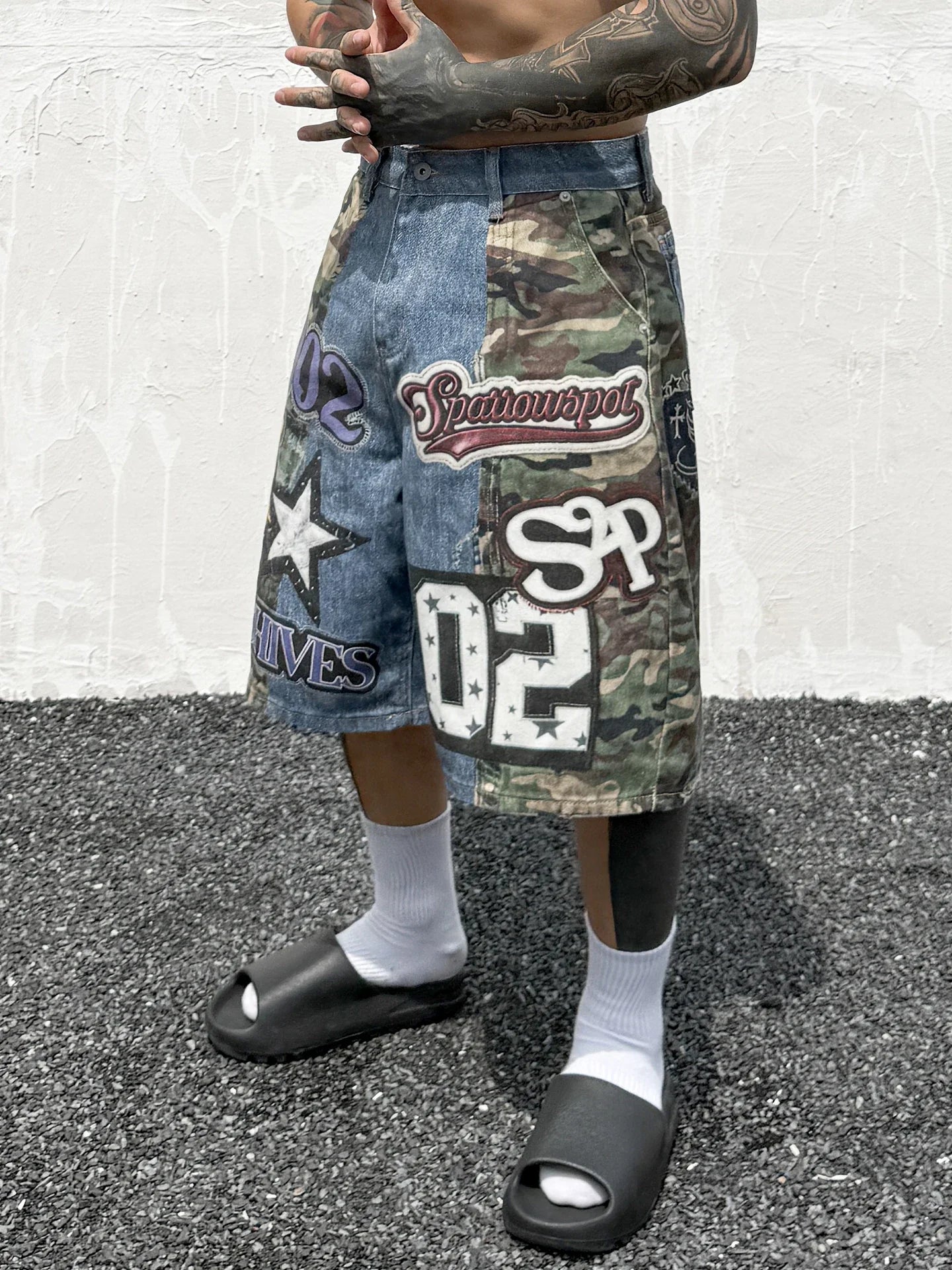 Hip Hop Camouflage Letter Embroidery Loose Fit Five Pocket Mens Streetwear Short Pants Cotton Denim Patchwork Women Shorts