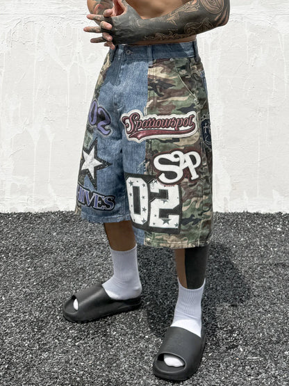 Hip Hop Camouflage Letter Embroidery Loose Fit Five Pocket Mens Streetwear Short Pants Cotton Denim Patchwork Women Shorts