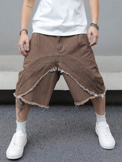 Men's Summer Brown Denim Shorts, Featuring a Fashionable, Trendy, Retro Street Style, Loose Fit, Suitable for Daily Casual Wear.