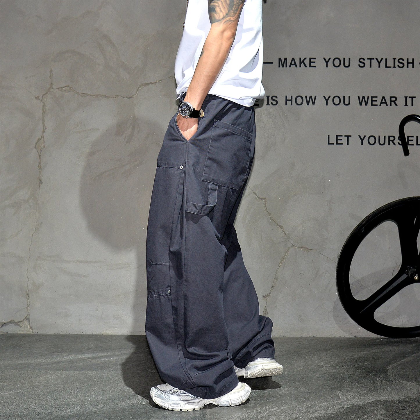 Mens Cargo Pants American Trendy Solid Black Cotton Heavyweight Wide Leg Loose Straight Streetwear Casual High Quality Pants