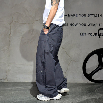 Mens Cargo Pants American Trendy Solid Black Cotton Heavyweight Wide Leg Loose Straight Streetwear Casual High Quality Pants