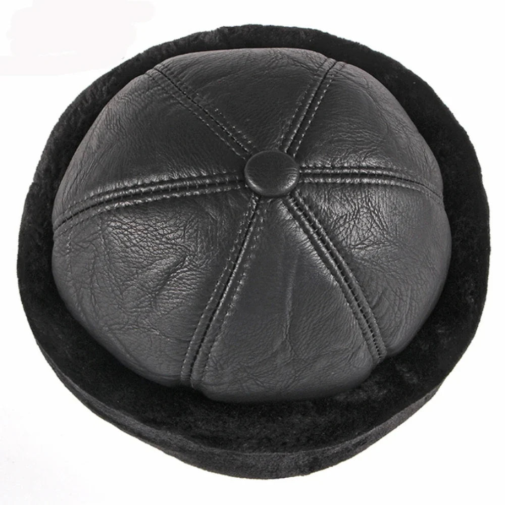 High Quality Autumn Winter Cap Hat PU Leather Thick Warm Pilot Hat Solid Black Fleece Lined Russian Cap 6 Panels Fur Hat