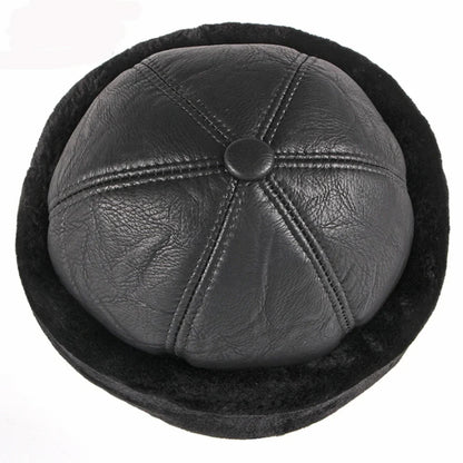 High Quality Autumn Winter Cap Hat PU Leather Thick Warm Pilot Hat Solid Black Fleece Lined Russian Cap 6 Panels Fur Hat