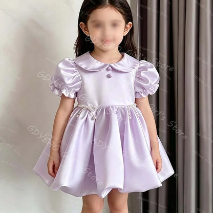 Baby Girls Princess Dress Peter Pan Neck Short Sleeves Flower Girl Dress for Wedding Toddlers Bubble Hem Mini Party Gown Custom