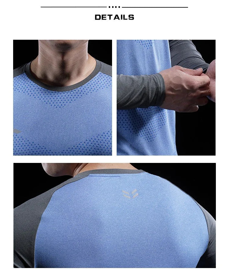 Autumn Winter Men Gym Fitness Display Long Sleeve T-Shirt Crew Neck Elastic Moisture Wicking Tights Running Training Bottom Top