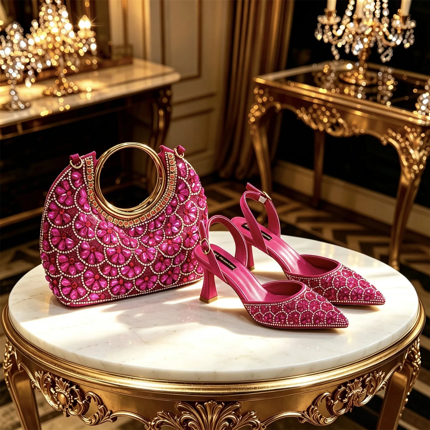 2026 New INS Italian Design Fuchsia Rhinestone Pointed Toe High Heels with Matching Handbag Set Elegant Wedding and Party Shoe